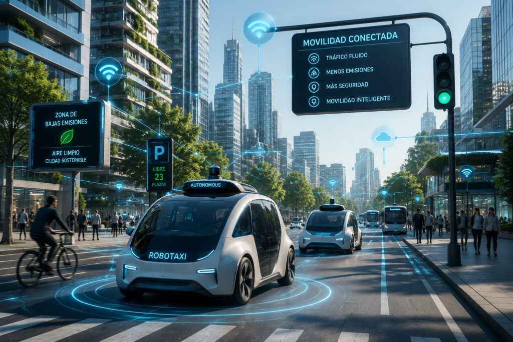 Ciudad inteligente con robotaxis y movilidad conectada