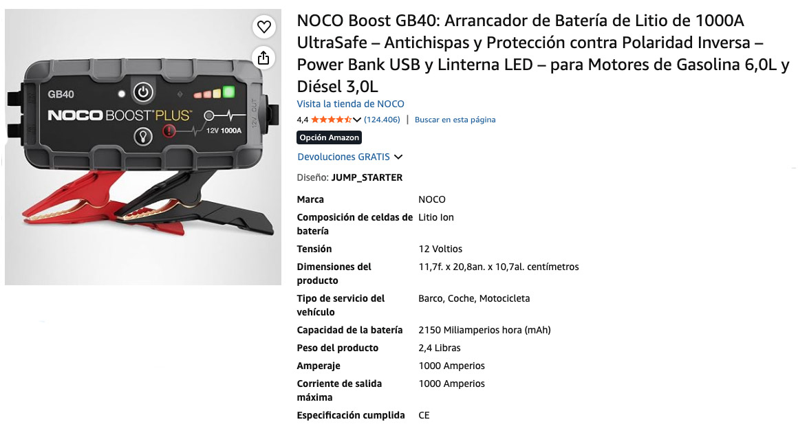 Arrancador NOCO Boost GB40, especificaciones del producto y valoraciones en Amazon.