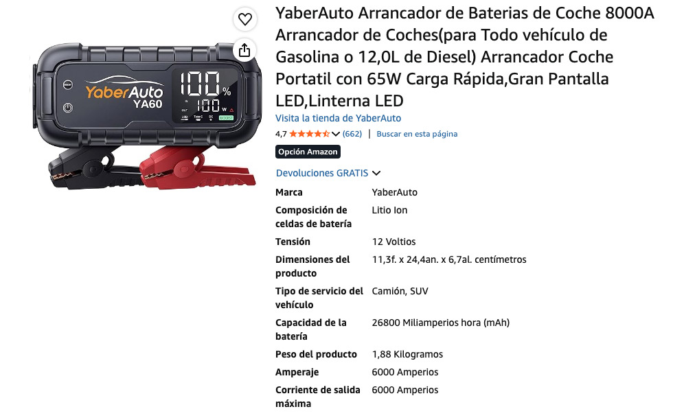 Arrancador YABER YA60, especificaciones del producto y valoraciones en Amazon.
