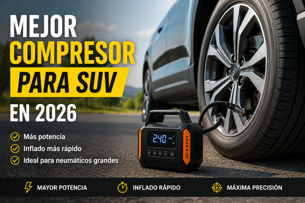 Compresor portátil inflando la rueda de un SUV moderno durante una parada en carretera, comparativa de los mejores compresores para SUV en 2026.