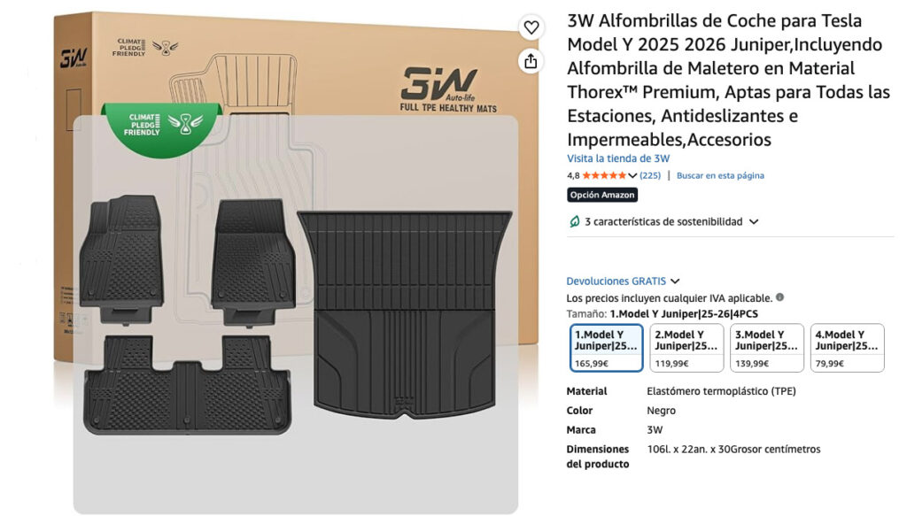 3W Tesla Model Y Juniper Alfombrillas Tesla, características y valoración en Amazon.