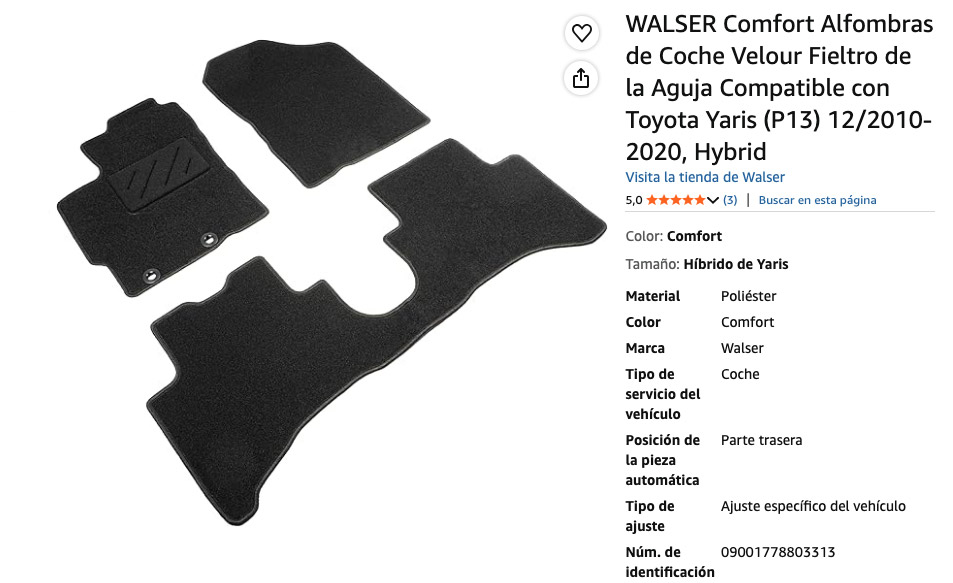 Alfombrillas Walser Premium Velour para Toyota Yaris, especificaciones del producto.