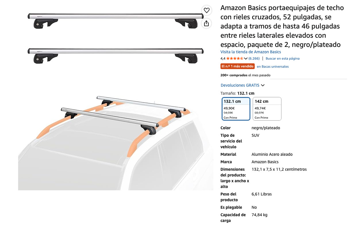Barras portaequipajes Amazon Basic, especificaciones del producto calificación de clientes en amazon.