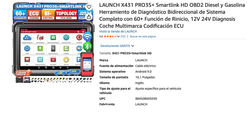 OBD2 inteligente Autel MaxiAP AP200, especificaciones del producto.
