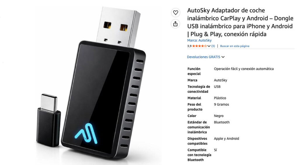 AutoSky Wireless CarPlay, especificaciones y valoraciones en Amazon.