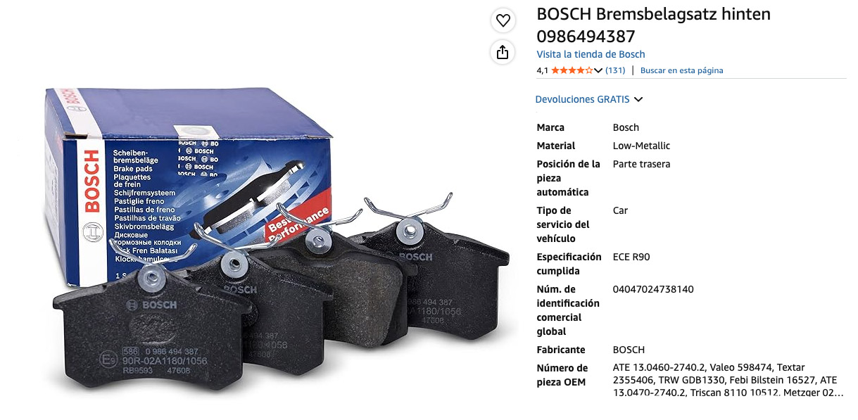 BOSCH pastillas de freno, especificaciones del producto.