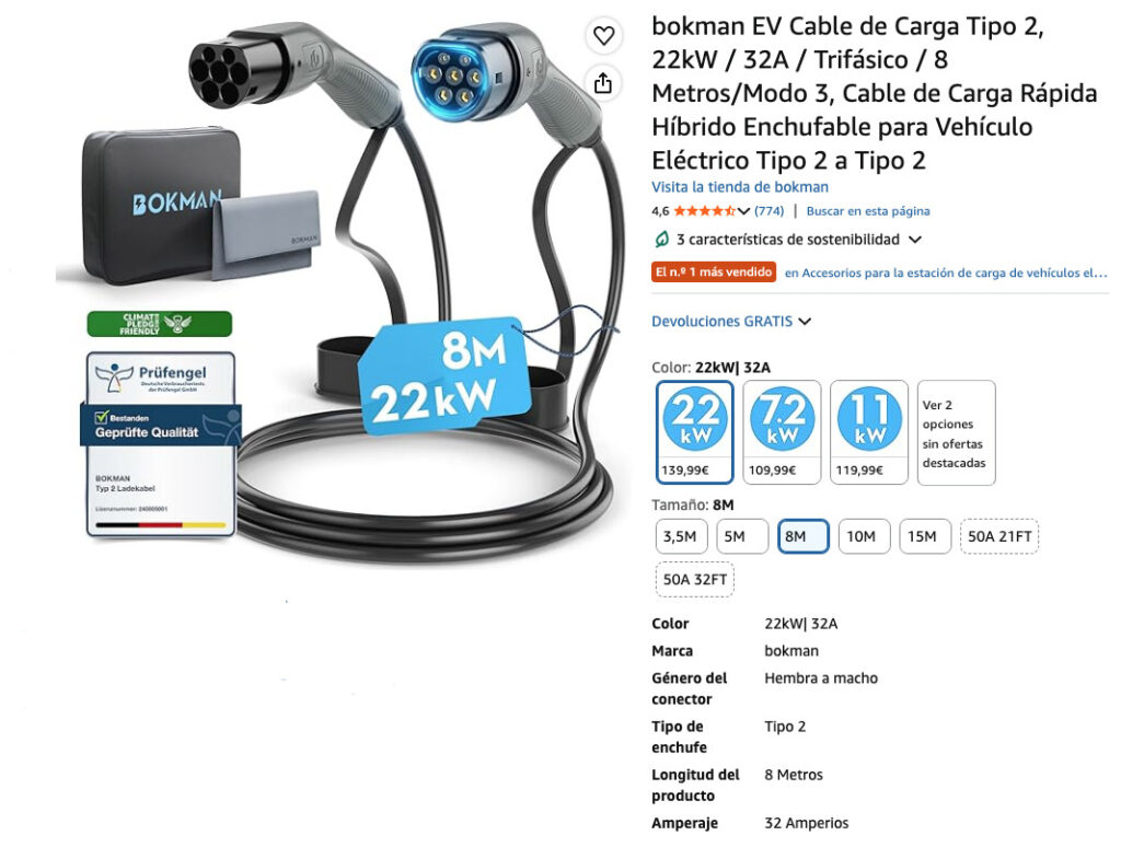 Especificaciones del producto, Bokman EV Cable de Carga Tipo 2, valoraciones en Amazon.