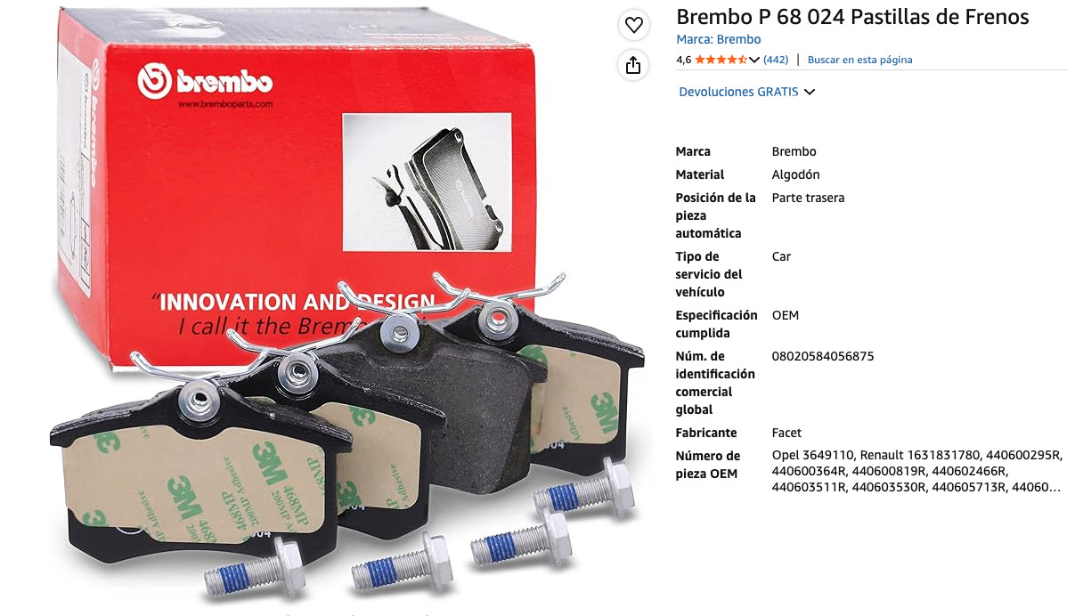 Brembo P 68 024 Pastillas de Frenos, especificaciones del producto.