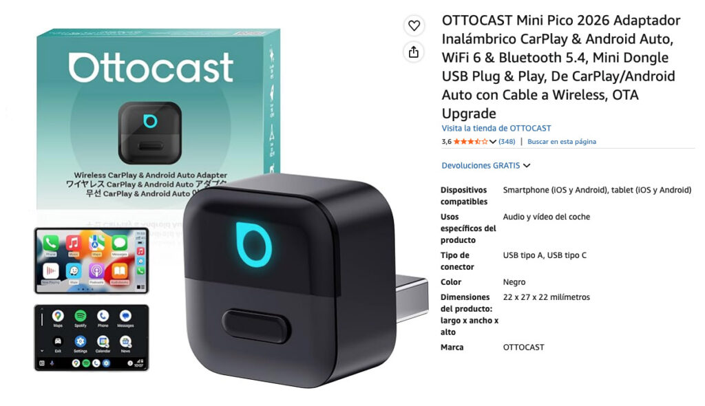 OTTOCAST Mini Pico CarPlay, especificaciones y valoraciones en Amazon.