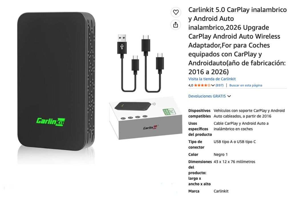 CarlinKit 5.0 CarPlay, especificaciones y valoraciones en Amazon.