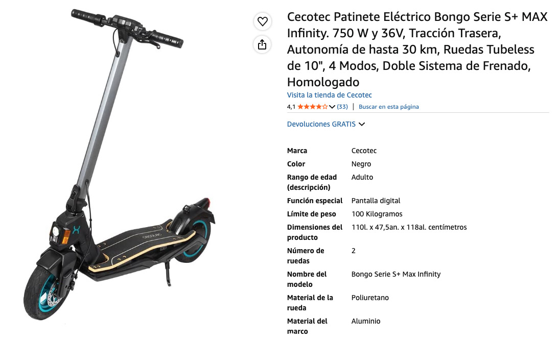 Patinete Eléctrico y sus especificaciones del modelo Cecotec Bongo Series S+ de 2026.