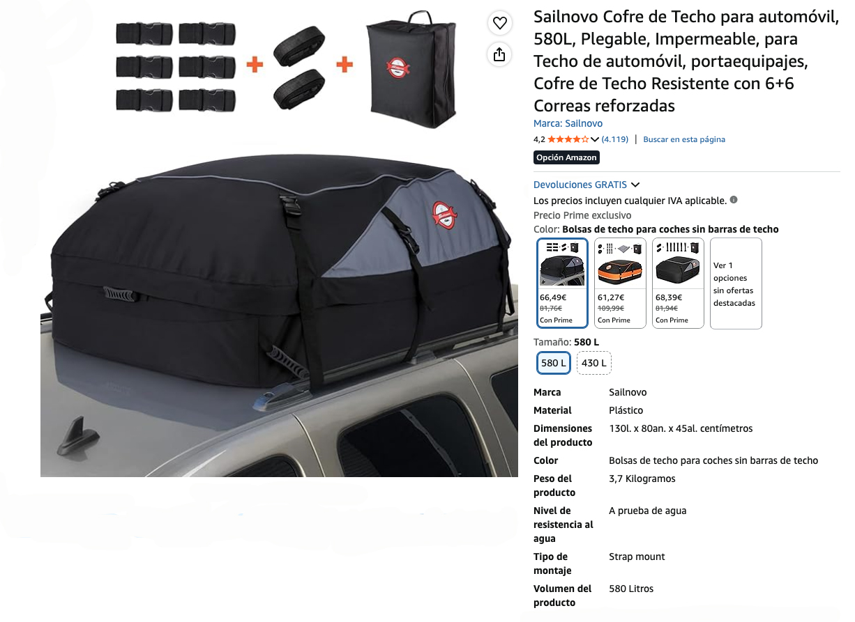 Detalle y características del cofre de techo Sailnovo 595L, color negro.