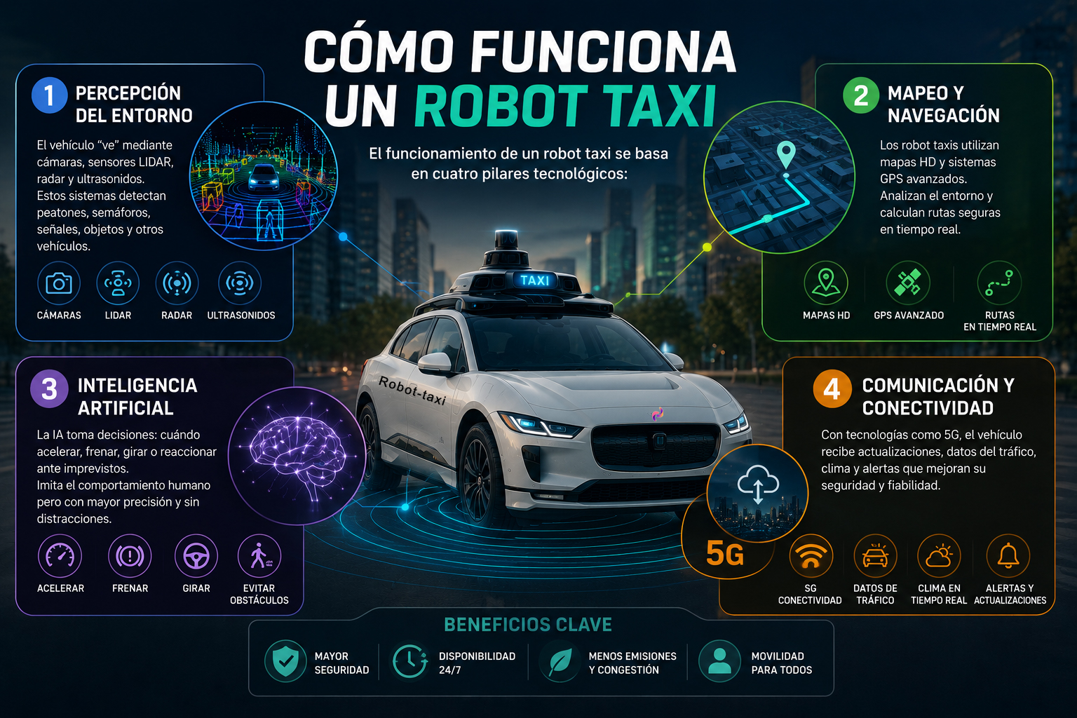 Cómo funciona un Robotaxi, vehículo con descripción de sus dispositivos.