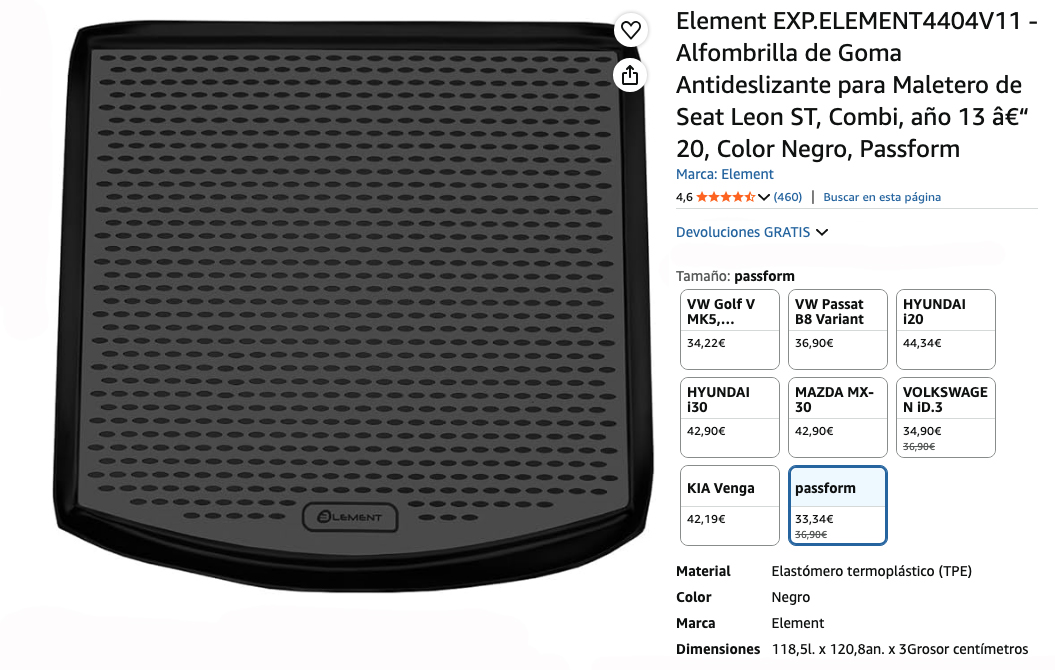 Especificaciones del producto, Element Protector Maletero seat león maxima protección, valoraciones en Amazon.