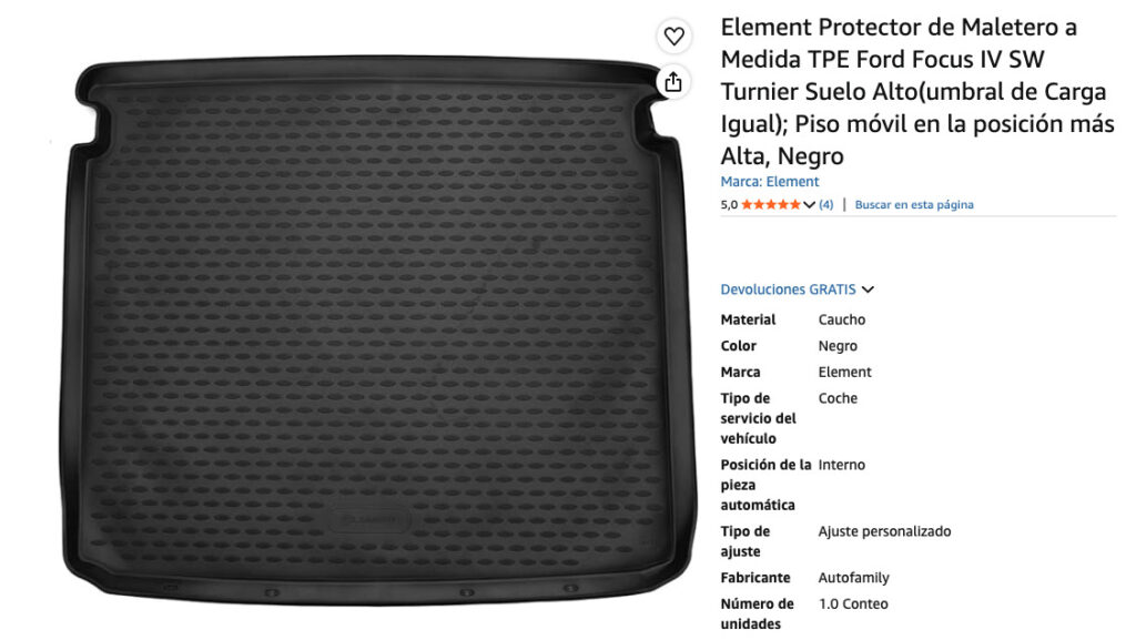 Protector de maletero Element para Ford Focus, especificaciones del producto.