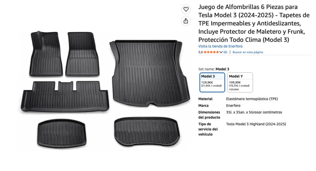 Enerfero Alfombrillas Tesla, características y valoración en Amazon.
