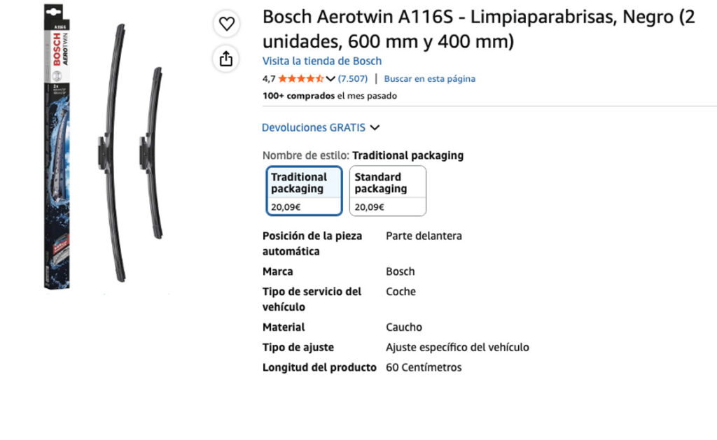 Escobillas limpiaparabrisas Bosch Aerotwin A116S para Renault Megane, especificaciones del producto.