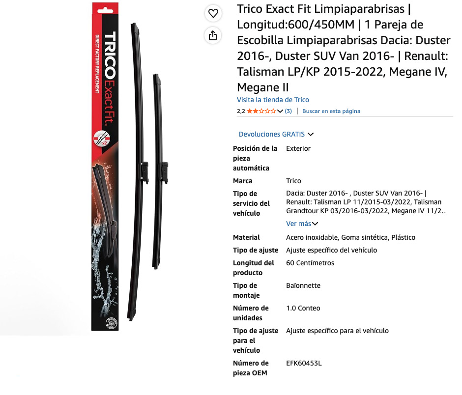 Escobillas limpiaparabrisas Trico Exact Fit para Renault Megane, especificaciones del producto.