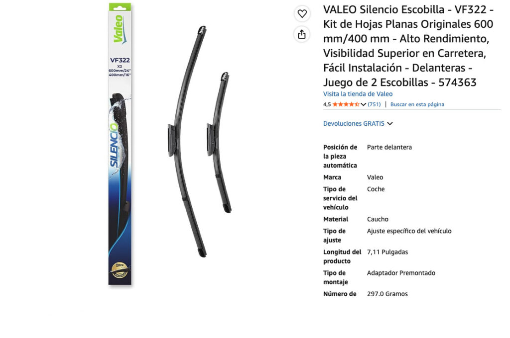 Escobillas limpiaparabrisas Valeo Silencio VF322 para Renault Megane 3, especificaciones del producto.