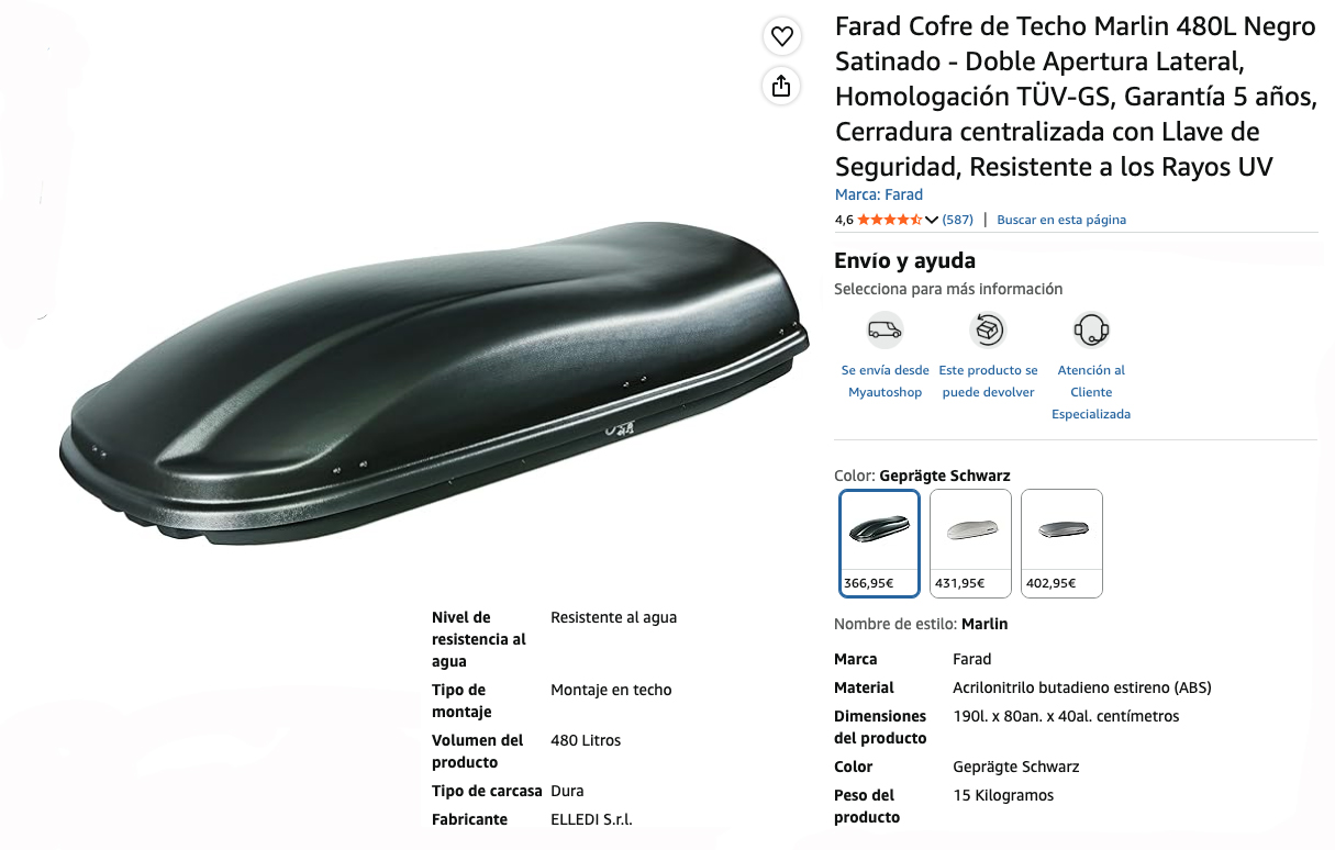 Detalle y características del cofre de techo para coche Farad Marlin – Mejor calidad-precio, color negro.