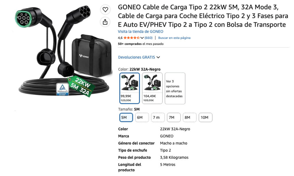 Especificaciones del producto, GONEO Cable de Carga Tipo 2, valoraciones en Amazon.