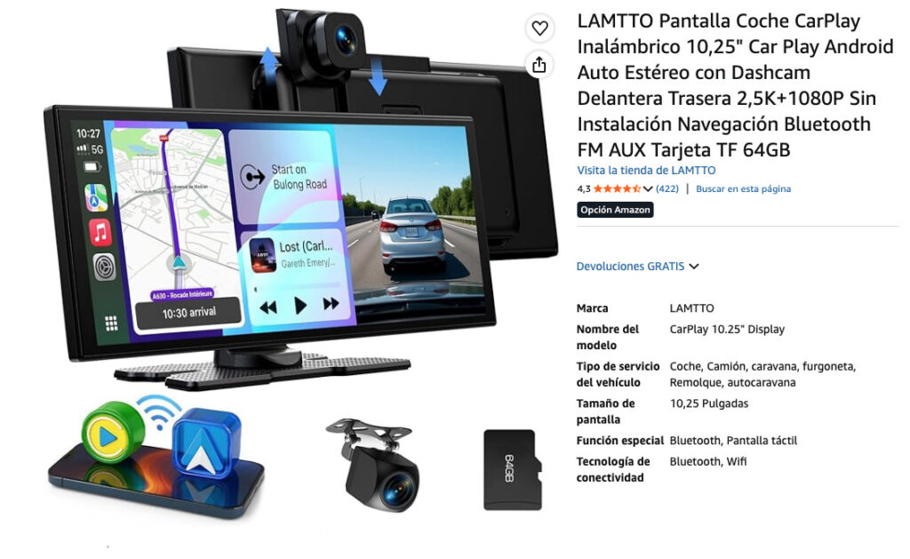 Especificaciones del producto, LAMTTO Pantalla Coche CarPlay, valoraciones en Amazon.