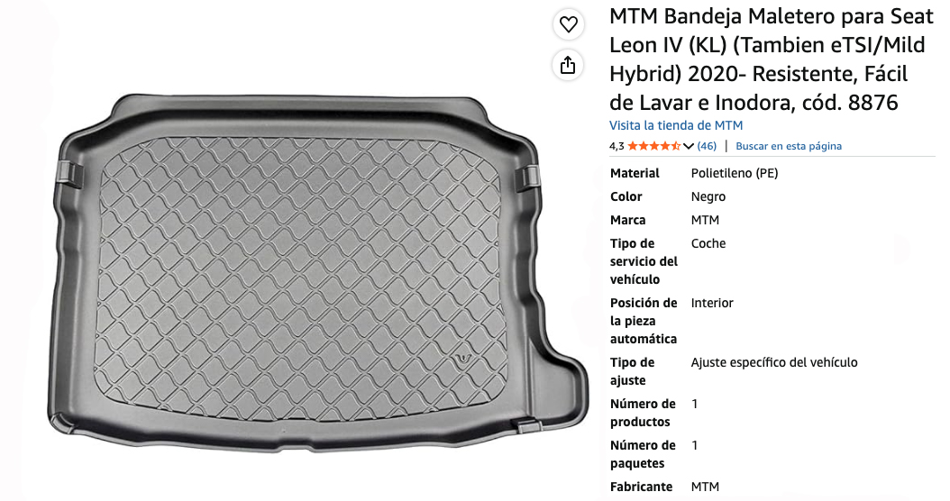 Especificaciones del producto, MTM Protector Maletero para Seat Leon Mejor calidad precio, valoraciones y en Amazon.