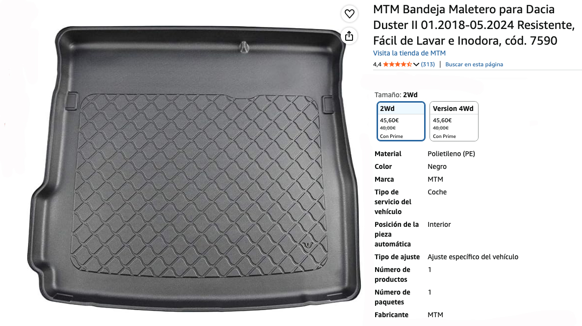 Especificaciones del producto, MTM Protector Maletero a Medida Dacia Duster – Mejor calidad-precio, valoraciones y precio en Amazon.