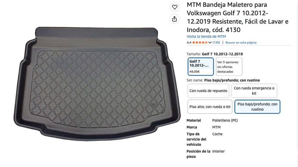 Protector de maletero MTV para Volkswagen Golf, especificaciones del producto.