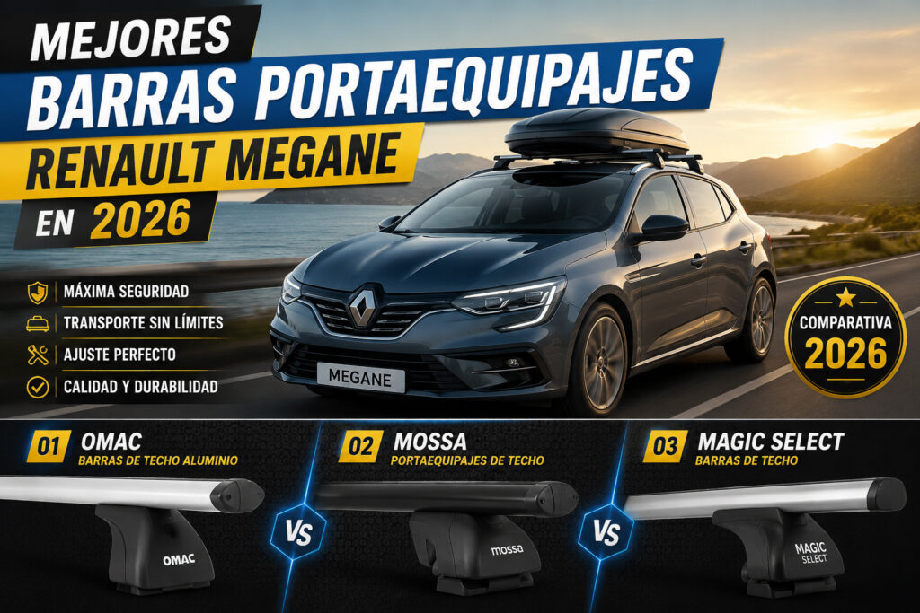 “Imagen comparativa de barras portaequipajes para Renault Megane 2026, con diseño tipo banner. Se muestra un Renault Megane circulando junto al mar con cofre en el techo y tres modelos de barras (OMAC, Mossa y Magic Select) en una comparativa visual con estética moderna, títulos grandes y estilo promocional.”