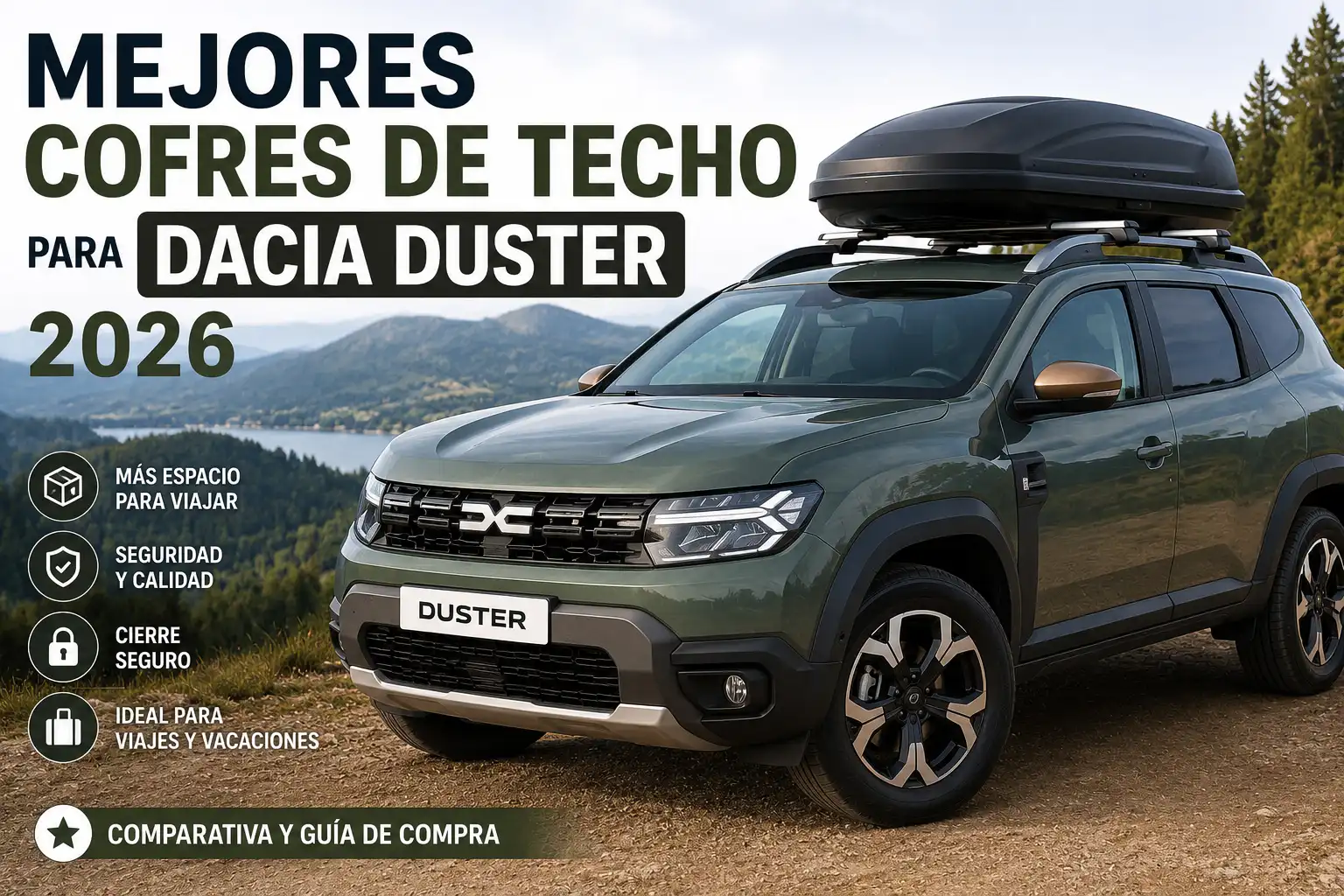 Mejores barras portaequipajes para Dacia Duster en 2026, Dacia Duster con barras de techo de aluminio para transportar cofres, bicicletas y equipaje, comparativa de accesorios para viajes y carga