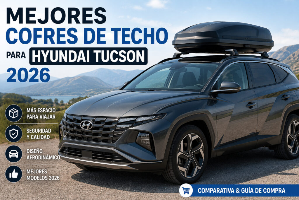 Hyundai Tucson con cofre de techo negro de gran capacidad para viajes