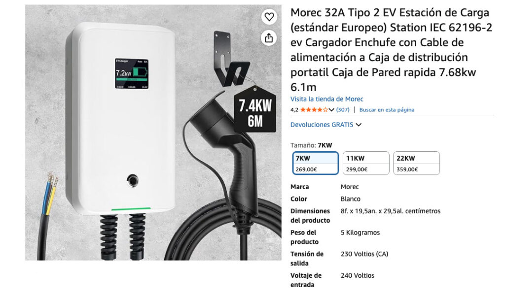 Especificaciones del producto, Morec Tipo 2 estación de Carga, valoraciones en Amazon.