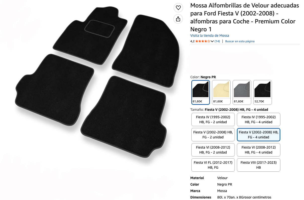 Especificaciones del producto, Mossa Alfombrillas Velour – Mejor acabado premium, valoraciones y precio en Amazon.