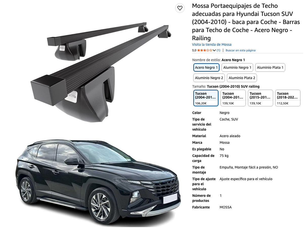 Hyundai Tucson en 2026 Barras portaequipajes Mossa, especificaciones del producto calificación de clientes en amazon.