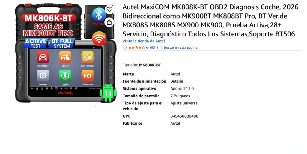 OBD2 inteligente ANCEL AD410 Pro, especificaciones del producto.