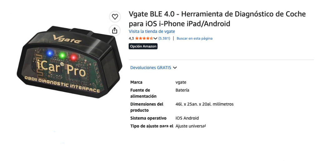 OBD2 Vgate BLE 4.0 especificaciones del producto.