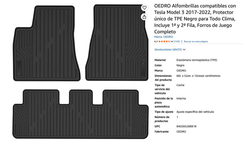 OEDRO Tesla Floor Mats. Alfombrillas Tesla, características y valoración en Amazon.