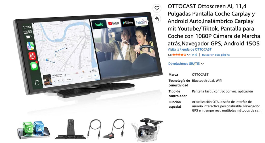 Especificaciones del producto, OTTOCAST Ottoscreen AI CarPlay, valoraciones en Amazon.