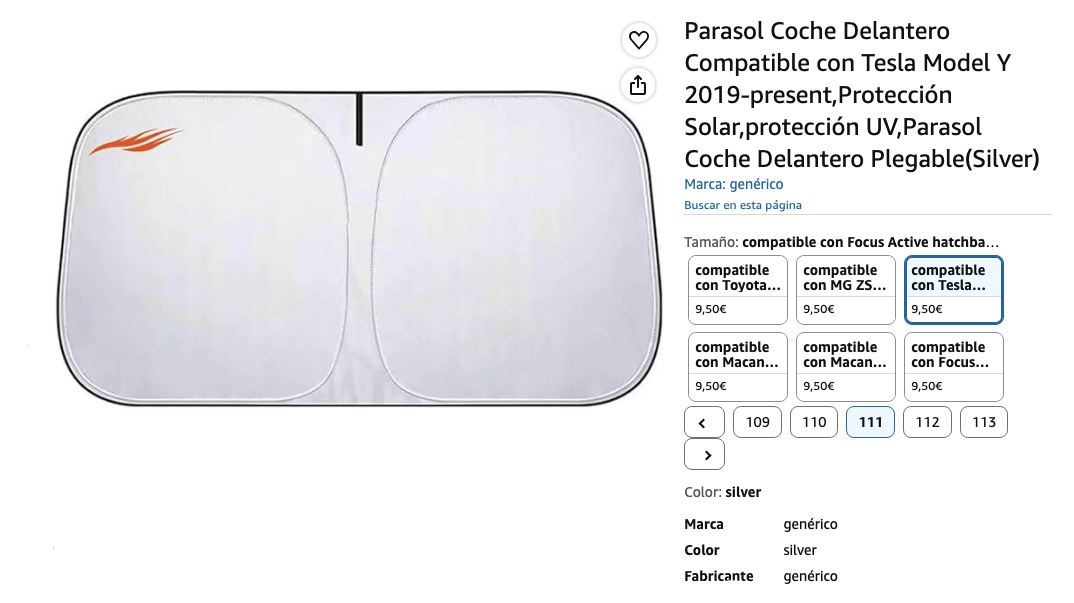 Especificaciones del producto, parasol Genérico Compatible con Tesla Model Y, valoraciones en Amazon.