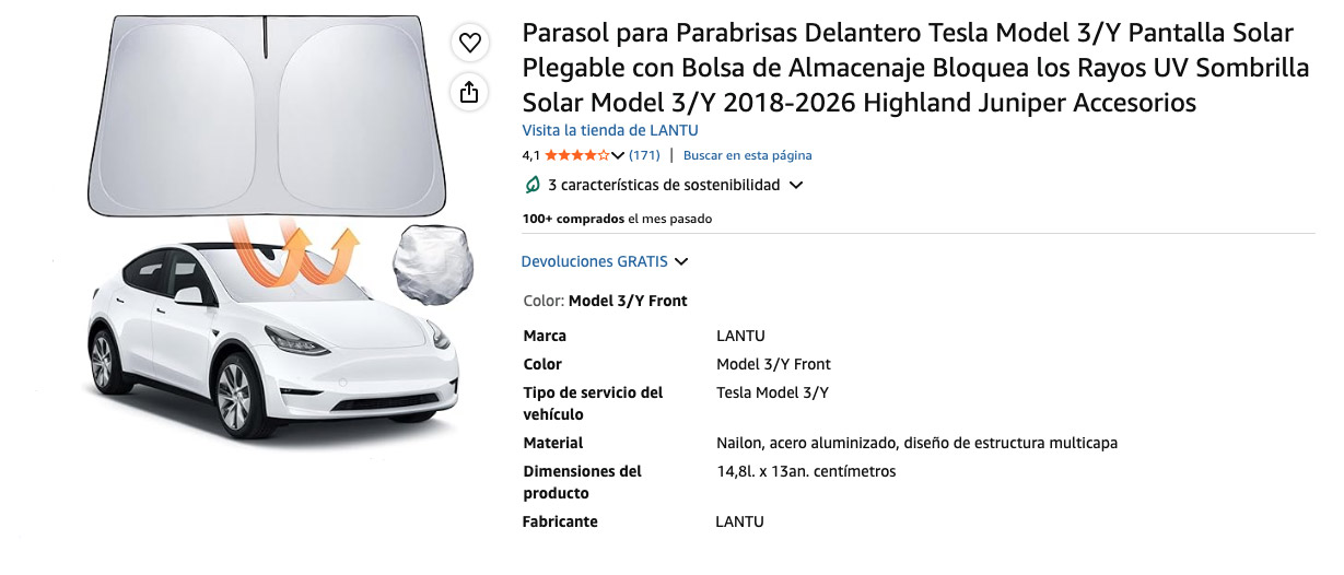 Especificaciones del producto, parasol LANTU Tesla Model 3/Y, valoraciones en Amazon.