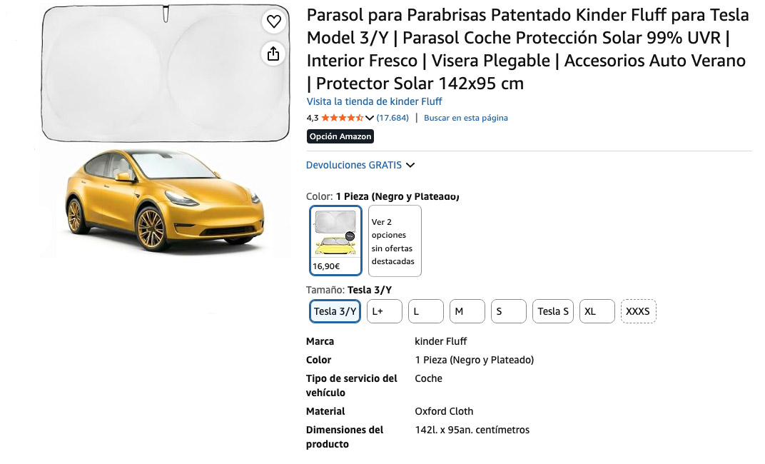 Especificaciones del producto, parasol kinder Fluff Tesla Model 3/Y, valoraciones en Amazon.