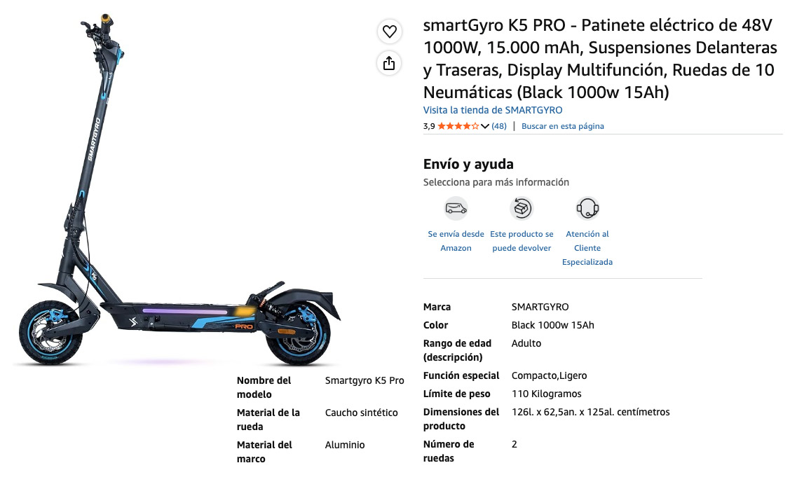 Patinete Eléctrico y sus especificaciones del modelo, smartGyro K5 PRO