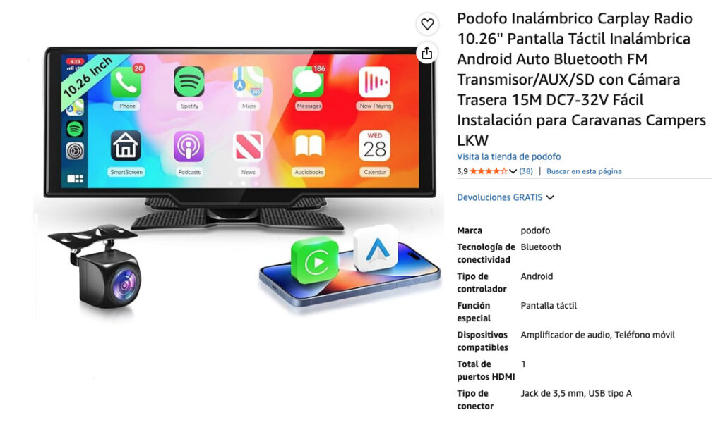 Especificaciones del producto, Podofo Portable CarPlay, valoraciones en Amazon.