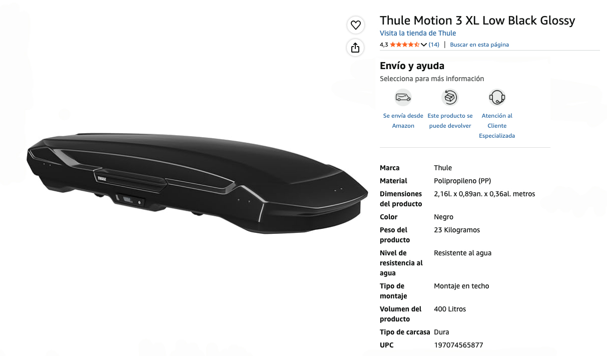 Especificaciones del producto cofre de techo para Hyundai Tucson, color negro.