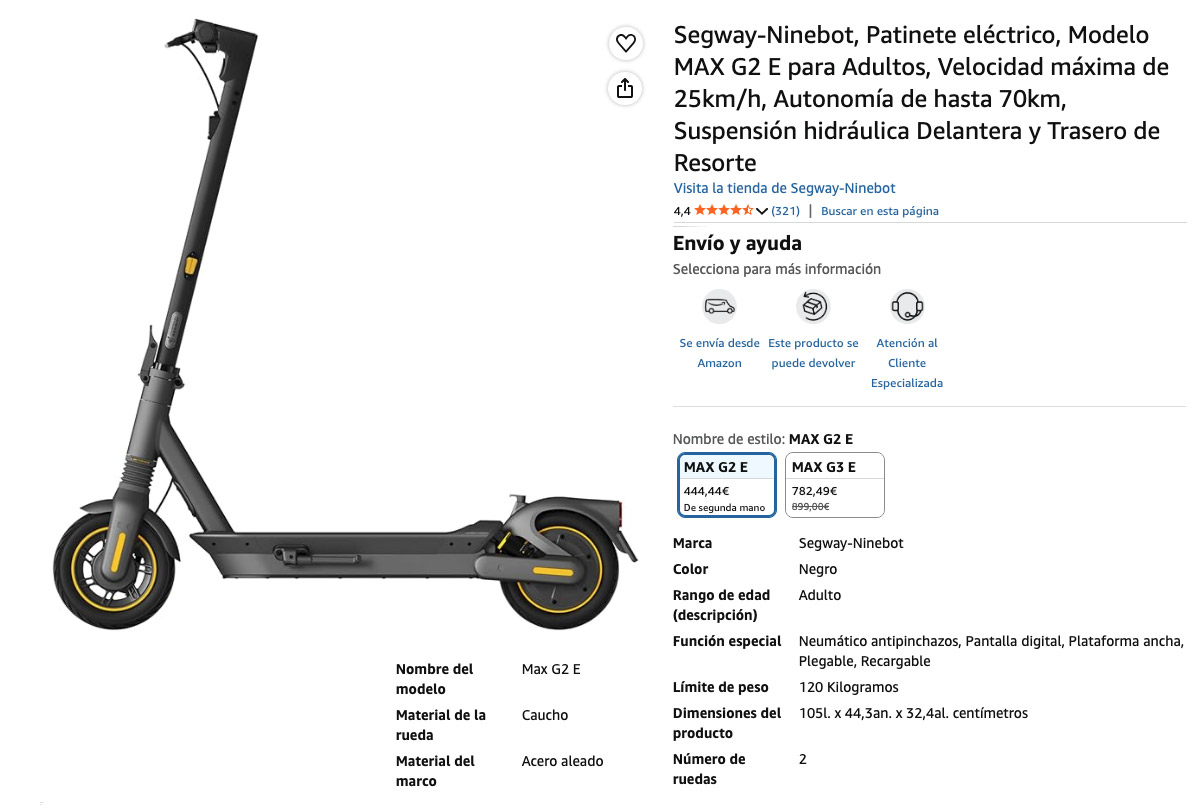 Patinete Eléctrico y sus especificaciones del modelo, Segway Ninebot MAX G2