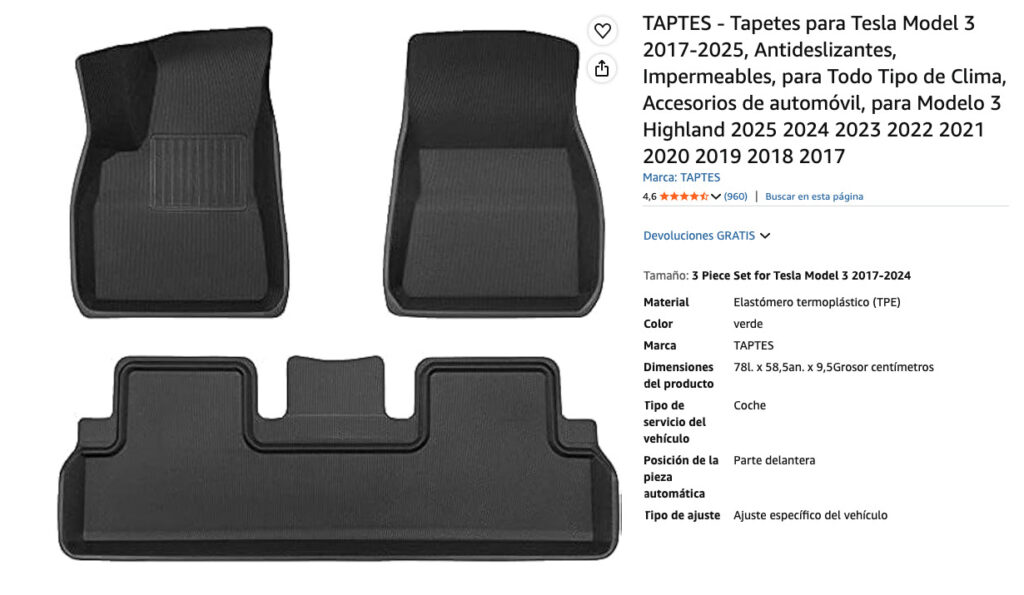 TAPTES Alfombrillas Tesla, características y valoración en Amazon.