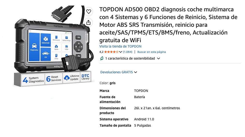 OBD2 TOPDON AD500, especificaciones del producto.
