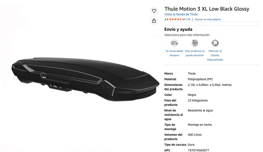 Detalle y características del Thule Motion 3 – El mejor cofre para techo de coche, color negro.