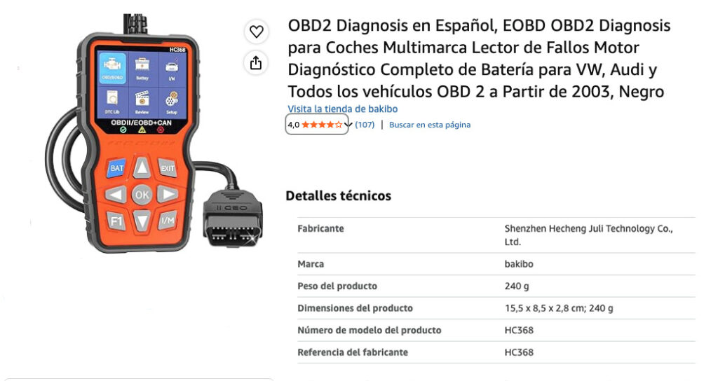 OBD2 inteligente Veepeak Mini Bluetooth, especificaciones del producto.